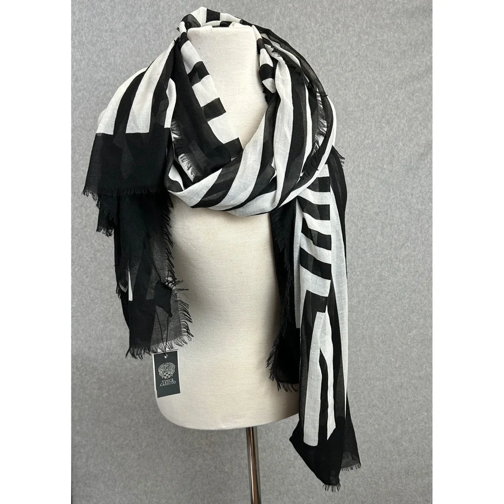 Vince Camuto Scarf Black White Geometric Striped Fringe Wrap 78